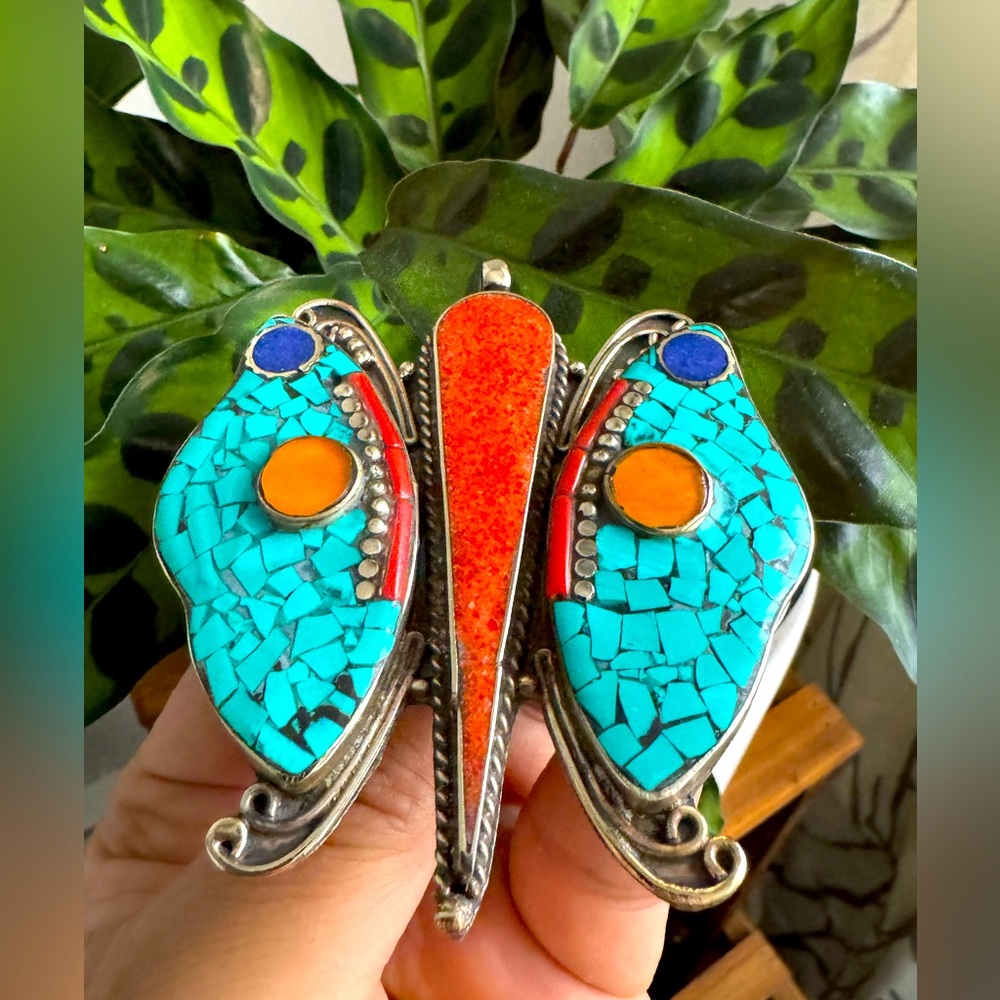 Stunning Handcrafted Colorful Butterfly Theme Tibetan Silver Pendant Inlay Stone
